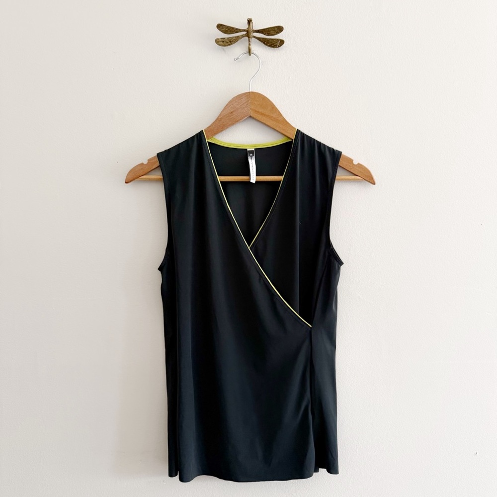 Ania Schierholt Black Wrap Tank Top with Neon Green Trim size small 6